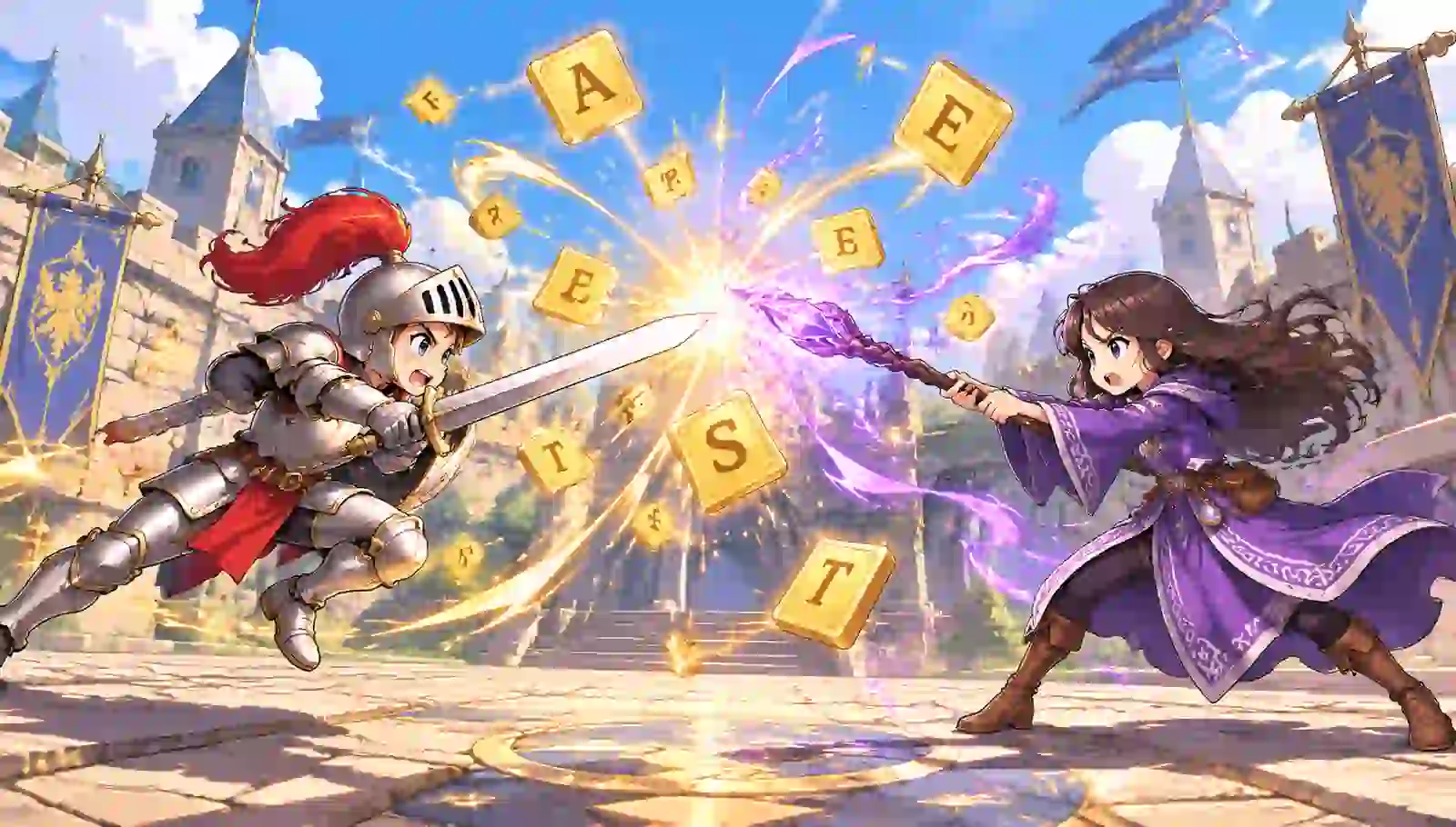 A cartoon knight and mage duel with flying letter tiles