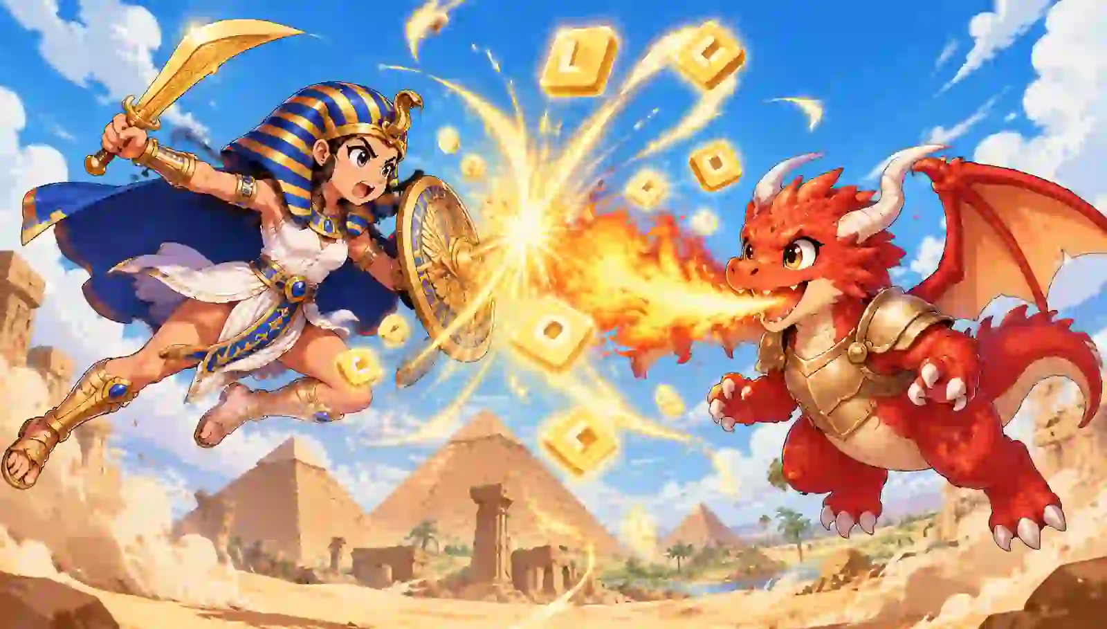 A cartoon pharaoh faces a little red dragon by the pyramids