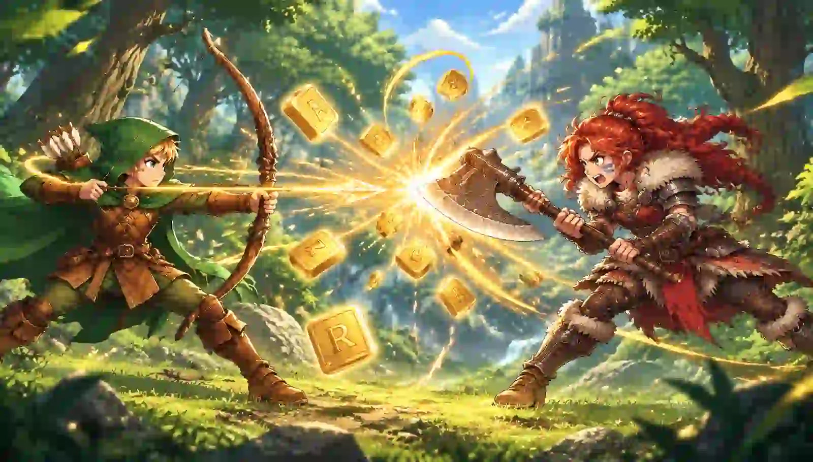 A cartoon ranger and raider duel in a forest